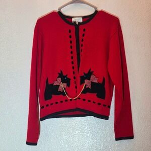 Susan Bristol Red Scottie Dog Chain Detail Knit Cardigan Sweater Womens Size 8